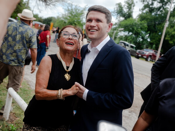 Democratic Senate candidate James Talarico shakes hands with voters at a rally on Monday, July 13, 2026, in Del Rio, Texas. (AP Photo/Brenda Bazán)