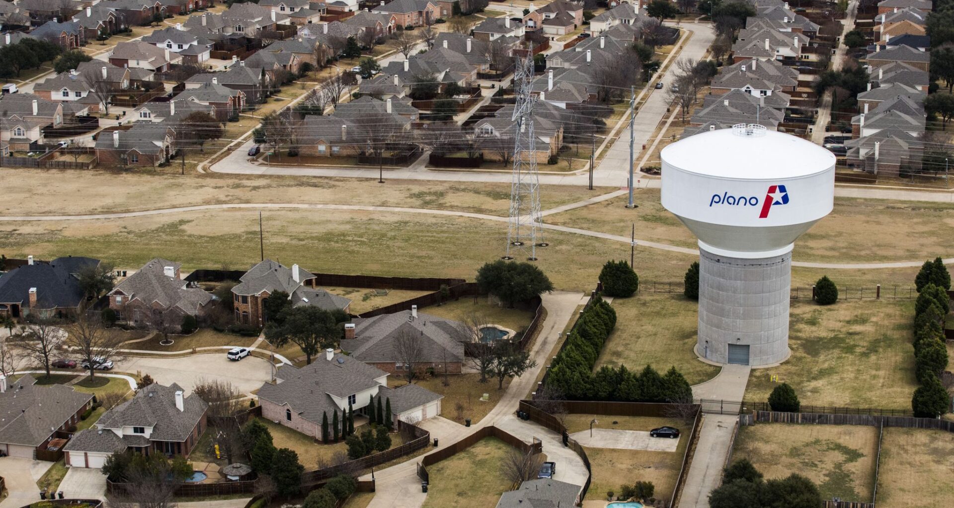 A water tower near High Mesa Drive, as viewed from a helicopter on Wednesday, January 4, 2017 in Plano, Texas.