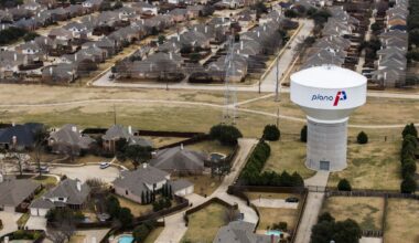 A water tower near High Mesa Drive, as viewed from a helicopter on Wednesday, January 4, 2017 in Plano, Texas.
