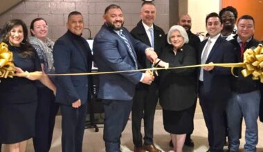 Dean Senator Judith Zaffirini cuts the ribbon for the new Legal Kiosk in South Laredo with (L-R) Webb County District Clerk Esther Degollado; Texas Rio Grande Legal Aid Attorney Caitlyn Fish; State Bar President Santos Vargas; Justice Toni Arteaga; Danielle Burns; JP Danny Dominguez; Council Members Ricardo Rangel and Gilbert Gonzalez; Andres Velazquez; Judge Victor Villarreal; DeV ondolyn Arrington, Texas Legal Services Center; Nathan Chu; Judge Gloria Lopez; Amber Holmes; Judge Leticia Martinez; and President Alyson Martinez, Texas Young Lawyers Association.