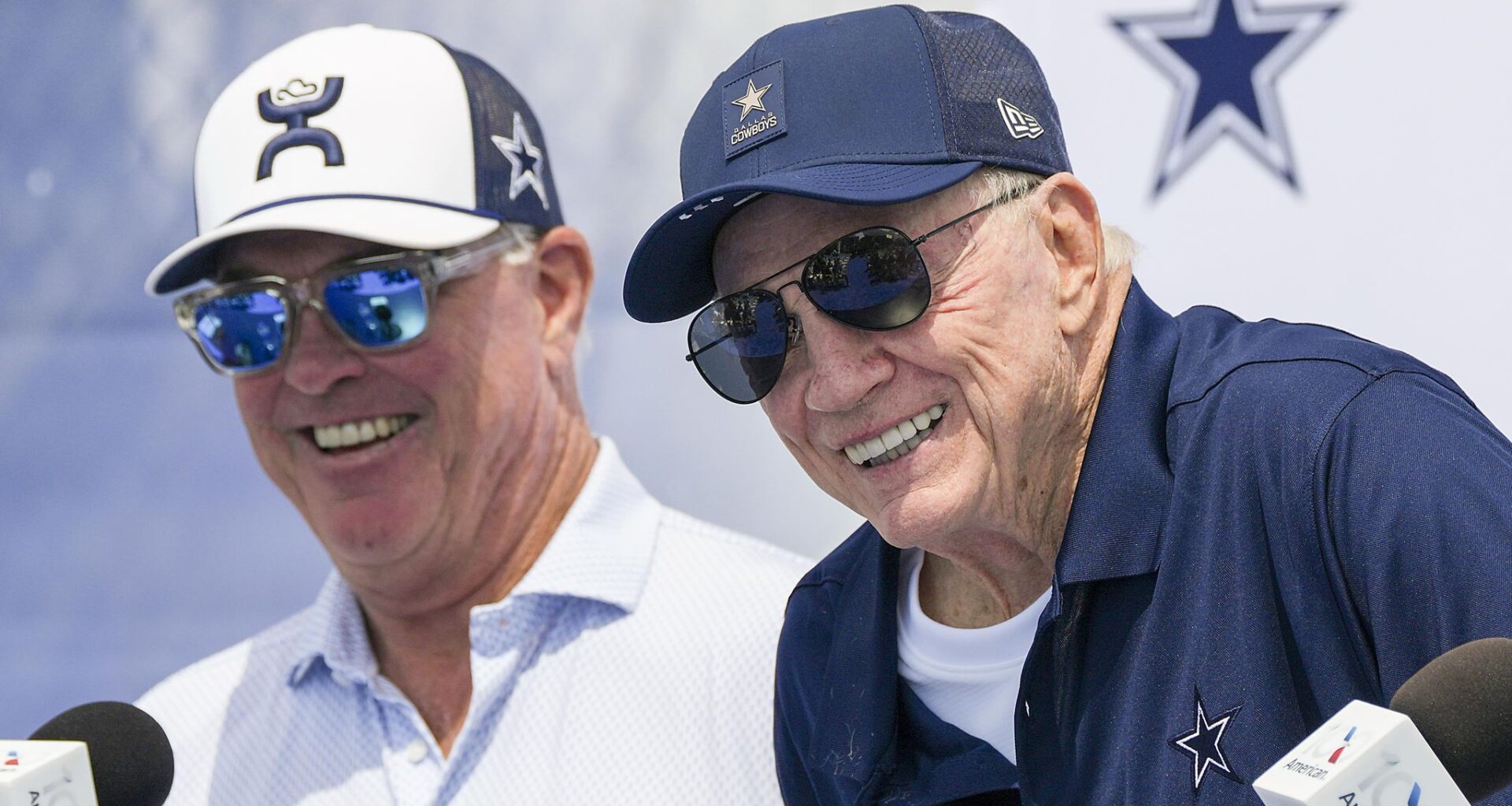 Dallas Cowboys head coach Brian Schottenheimer, chief operating officer Stephen Jones, and owner Jerry Jones (from left) address reporters during an opening press conference at training camp on Tuesday, July 28, 2026, in Oxnard, Calif.