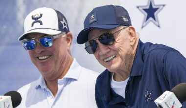 Dallas Cowboys head coach Brian Schottenheimer, chief operating officer Stephen Jones, and owner Jerry Jones (from left) address reporters during an opening press conference at training camp on Tuesday, July 28, 2026, in Oxnard, Calif.