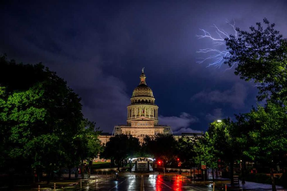Texas capitol with lightning storm