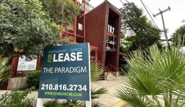 A for lease sign outside of the building at 102 9th St. in downtown San Antonio.