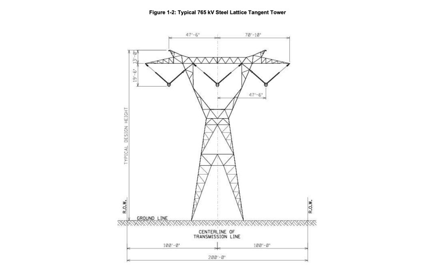 An image from an LCRA document showing a schematic of a 765 kV ultra high voltage transmission line.