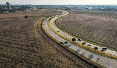 Aerial view looking toward the south of Parkwood Boulevard (running from top left to bottom right) toward Spring Creek Parkway on Monday, Aug. 21, 2023, in Plano. 