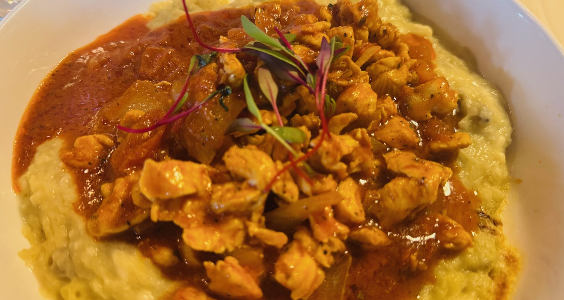 The Chicken Delight is a stew of mashed eggplant.