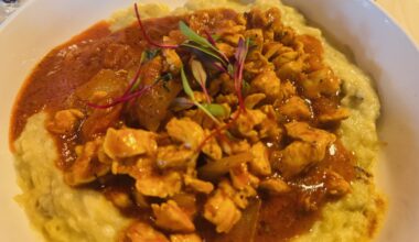 The Chicken Delight is a stew of mashed eggplant.