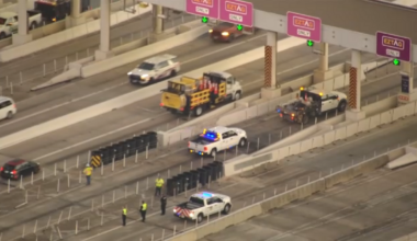 Person dies after vehicle hits tollway plaza, catches on fire on West Beltway northbound, Pct. 5 says