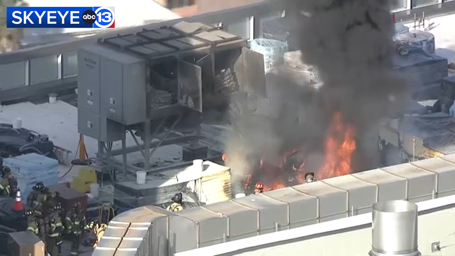 Images from SkyEye13 showed the active flames on the hospital's roof as firefighters rushed to contain them.