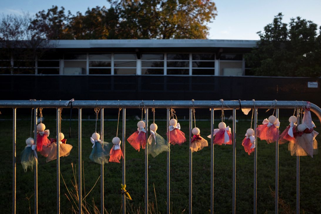 Cloth angels are seen in a memorial outside Robb Elementary, where a gunman killed 19 children and two teachers in the US school shooting, in Uvalde, Texas, on November 29, 2022.