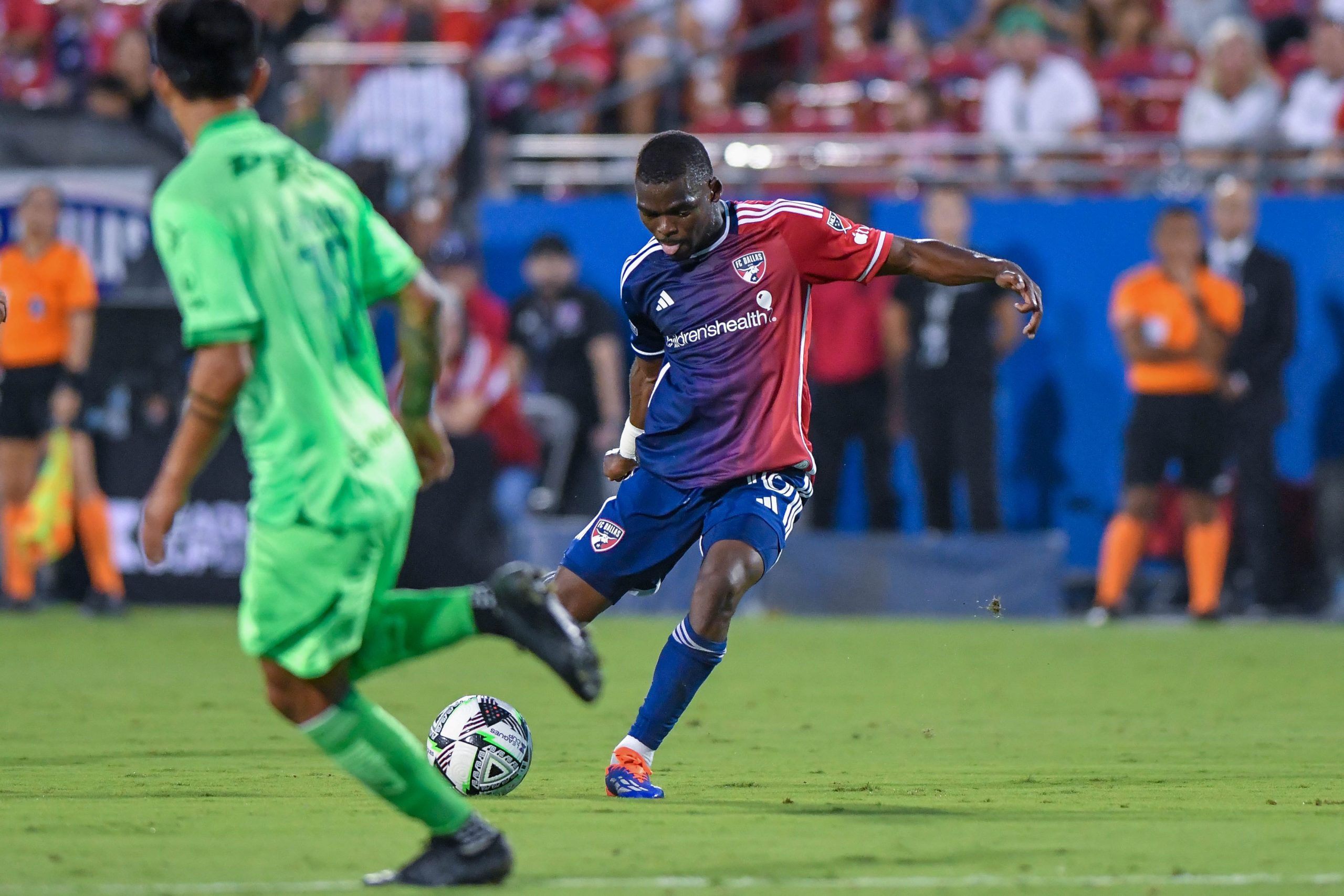 Tsiki Ntsabeleng (16) shoots in the Leagues Cup match against FC Juárez at Toyota Stadium on Wednesday, July 31, 2024. (Daniel McCullough, 3rd Degree)
