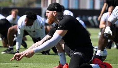 May 20, 2026; Henderson, NV, USA; Las Vegas Raiders defensive end Maxx Crosby (98) warms up during organized team activities at Intermountain Health Performance Center.