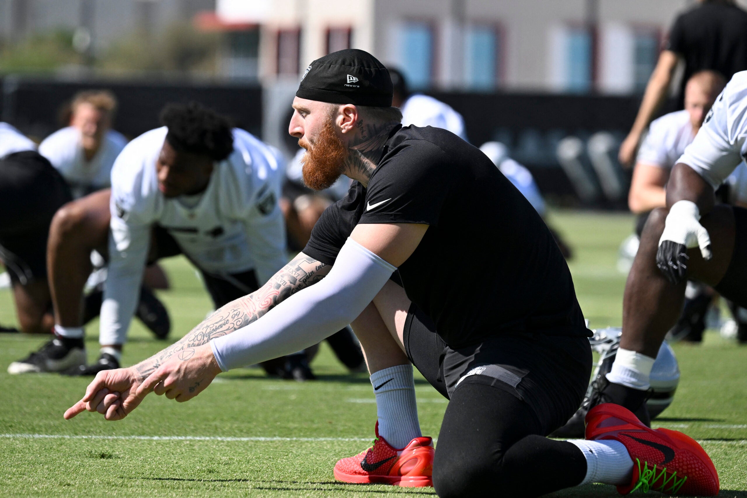 May 20, 2026; Henderson, NV, USA; Las Vegas Raiders defensive end Maxx Crosby (98) warms up during organized team activities at Intermountain Health Performance Center.