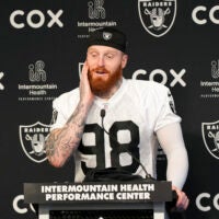 Jun 3, 2026; Henderson, NV, USA; Las Vegas Raiders defensive end Maxx Crosby (98) speaks during a news conference during organized team activities at Intermountain Health Performance Center.