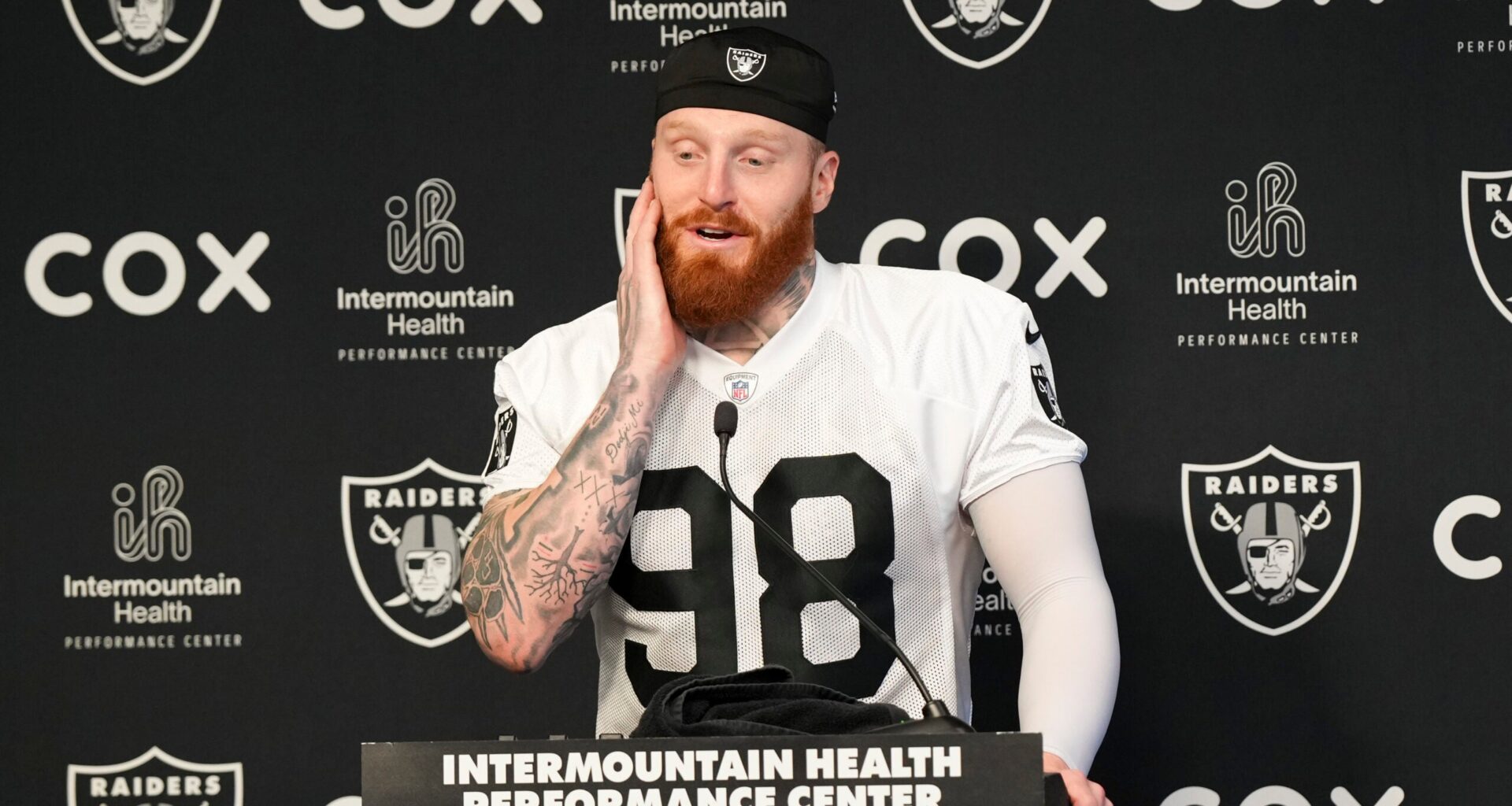 Jun 3, 2026; Henderson, NV, USA; Las Vegas Raiders defensive end Maxx Crosby (98) speaks during a news conference during organized team activities at Intermountain Health Performance Center.