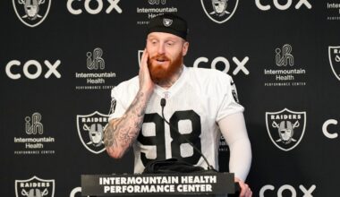 Jun 3, 2026; Henderson, NV, USA; Las Vegas Raiders defensive end Maxx Crosby (98) speaks during a news conference during organized team activities at Intermountain Health Performance Center.