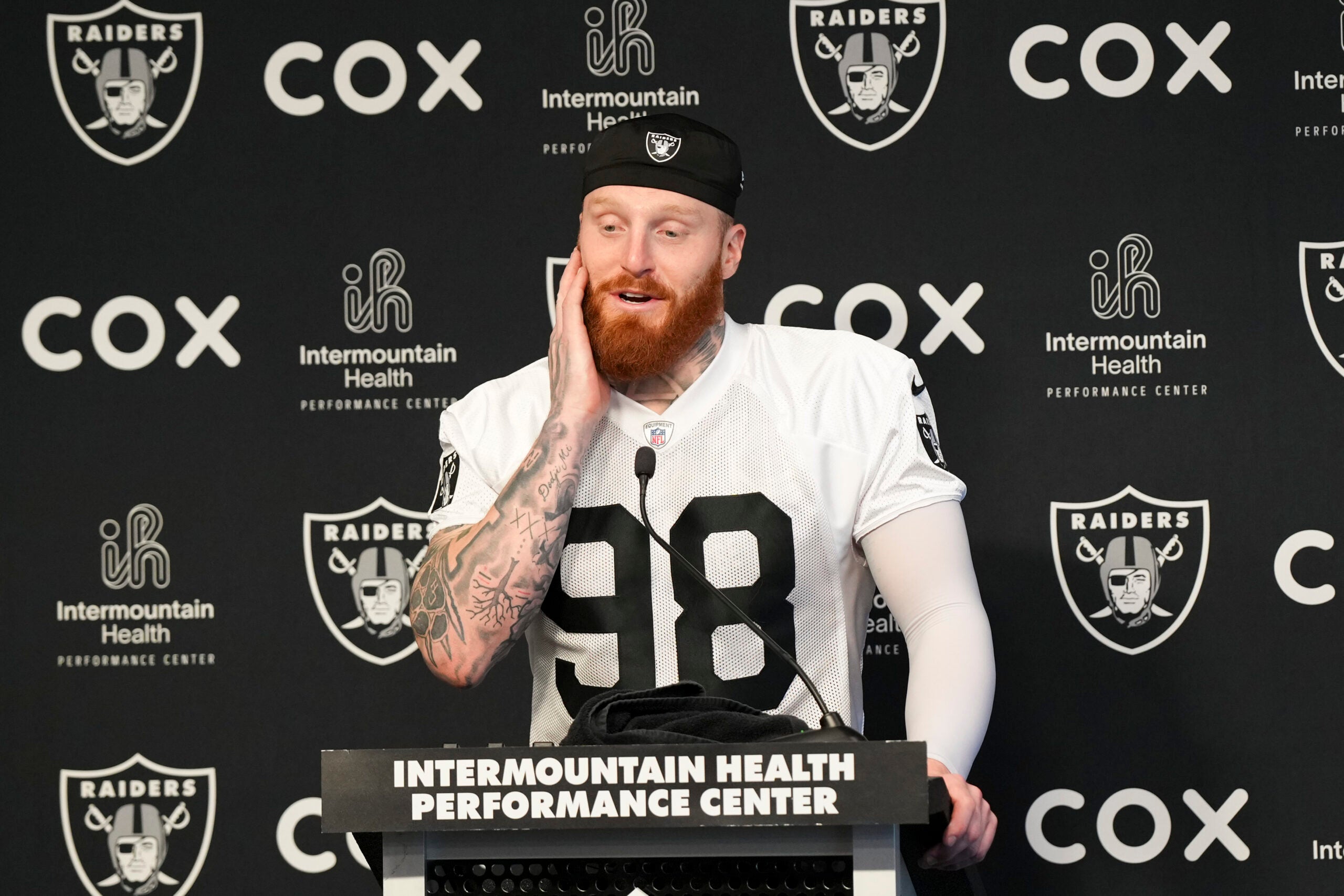 Jun 3, 2026; Henderson, NV, USA; Las Vegas Raiders defensive end Maxx Crosby (98) speaks during a news conference during organized team activities at Intermountain Health Performance Center.