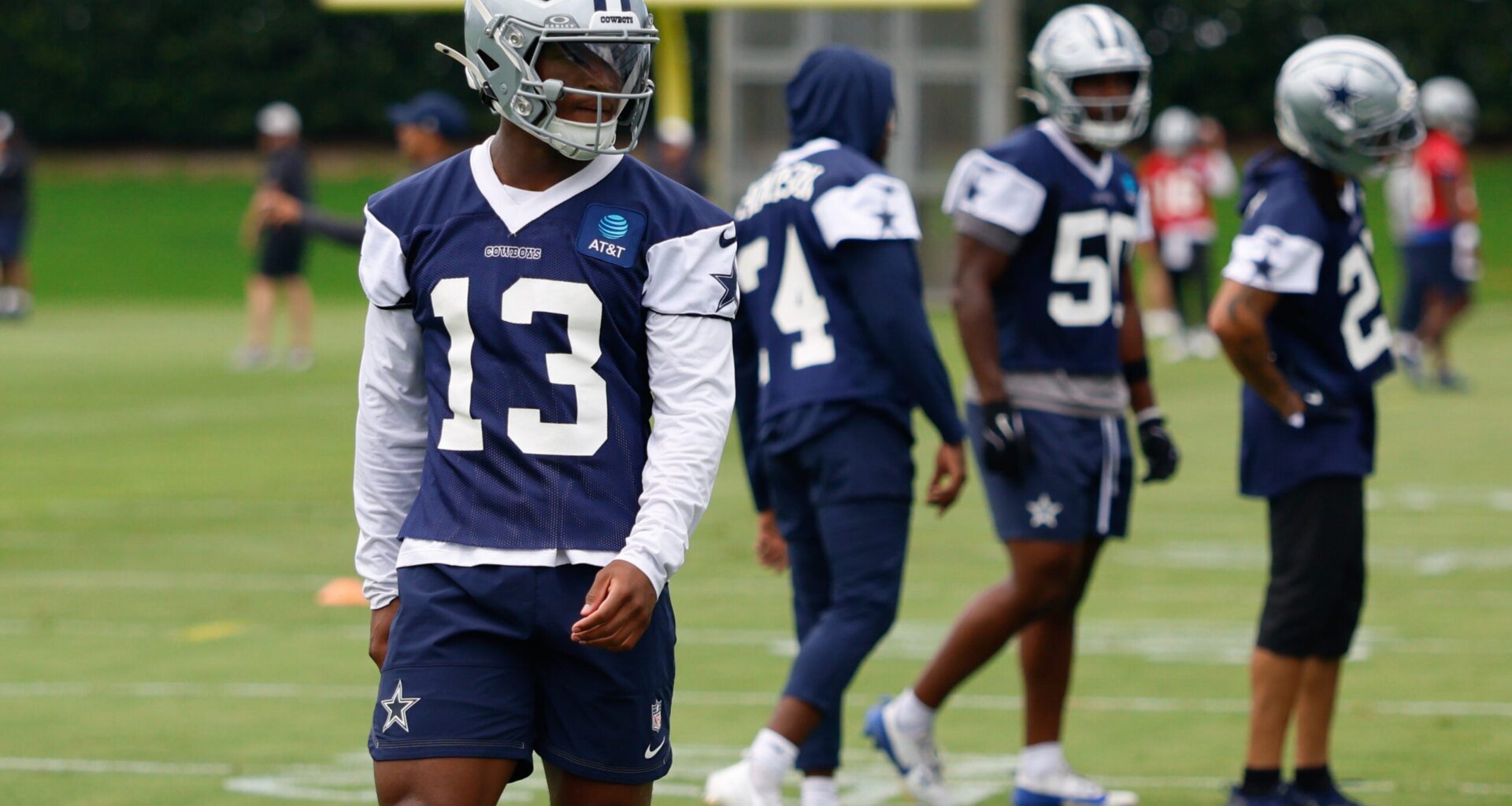 Jun 16, 2026; Dallas, TX, USA; Dallas Cowboys safety Caleb Downs (13) goes through a drill during practice at the Ford Center at the Star Training Facility in Frisco, Texas.