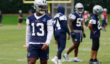 Jun 16, 2026; Dallas, TX, USA; Dallas Cowboys safety Caleb Downs (13) goes through a drill during practice at the Ford Center at the Star Training Facility in Frisco, Texas.
