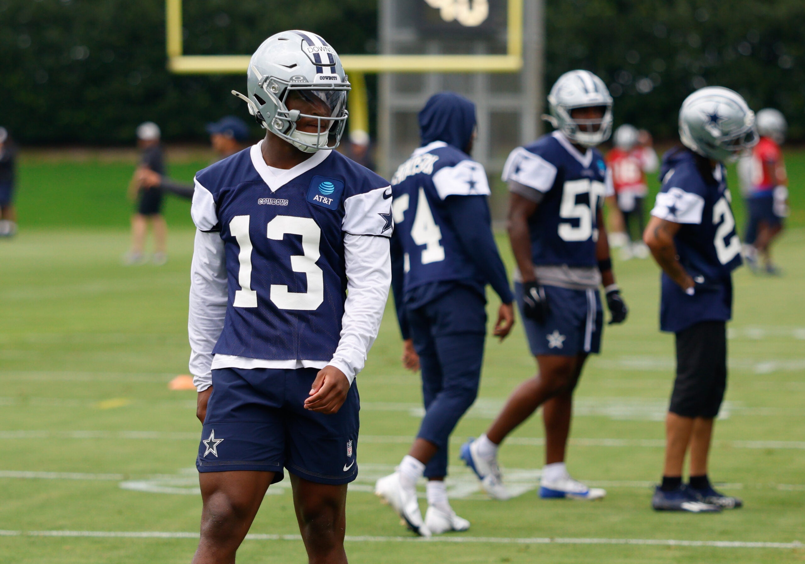 Jun 16, 2026; Dallas, TX, USA; Dallas Cowboys safety Caleb Downs (13) goes through a drill during practice at the Ford Center at the Star Training Facility in Frisco, Texas.