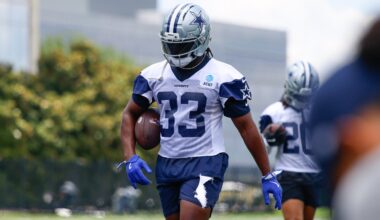 Jun 16, 2026; Dallas, TX, USA; Dallas Cowboys running back Javonte Williams (33) goes through a drill during practice at the Ford Center at the Star Training Facility in Frisco, Texas.