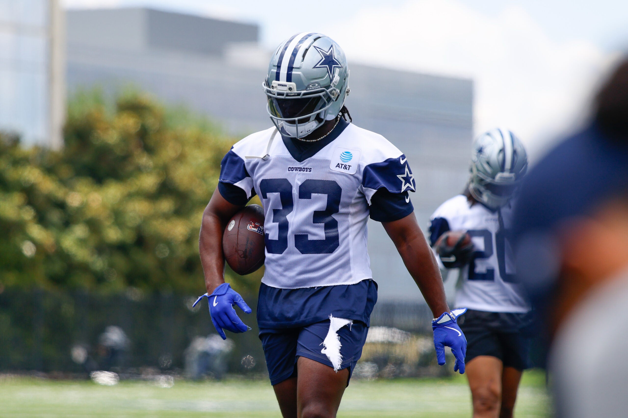 Jun 16, 2026; Dallas, TX, USA; Dallas Cowboys running back Javonte Williams (33) goes through a drill during practice at the Ford Center at the Star Training Facility in Frisco, Texas.