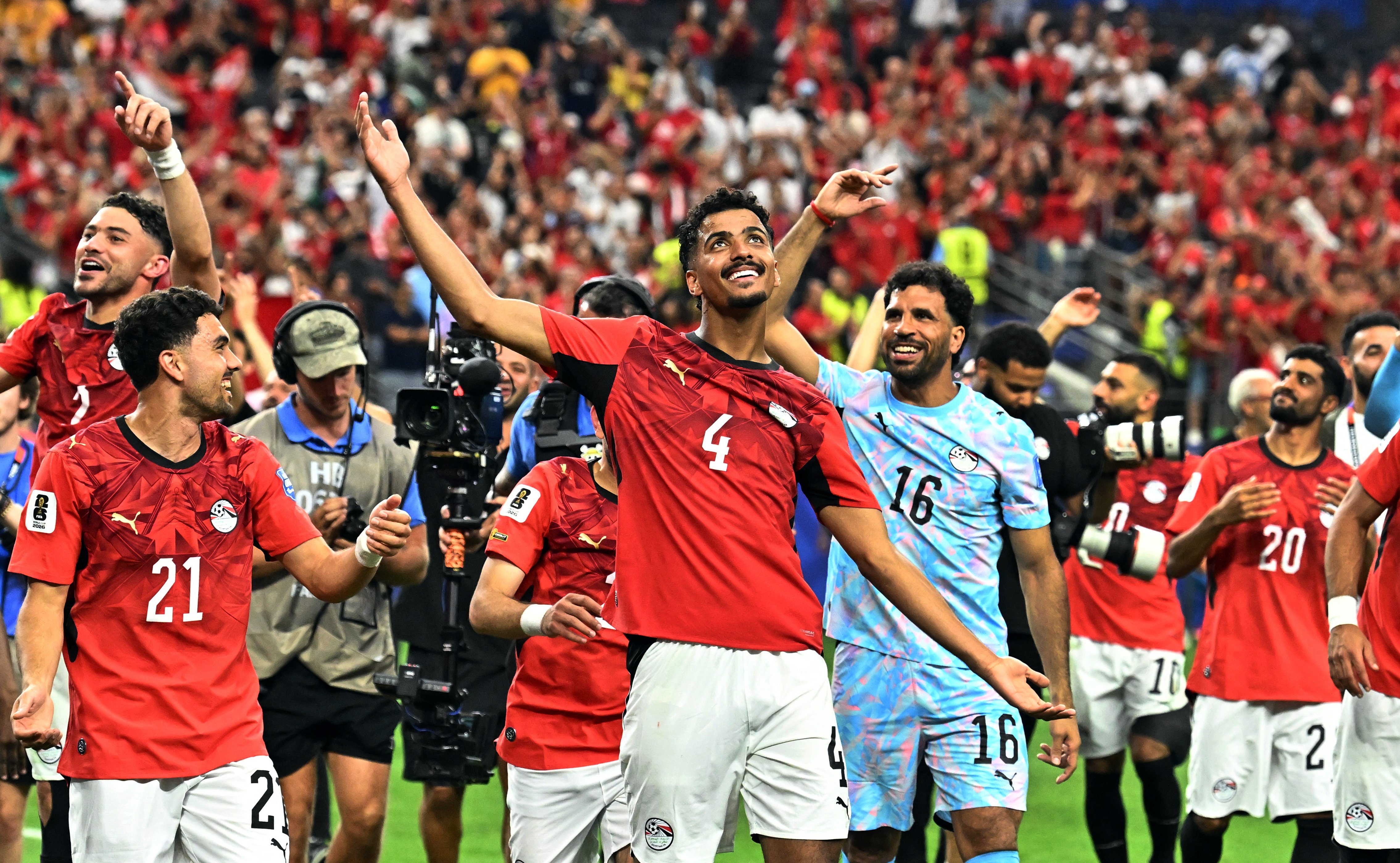 Soccer Football – FIFA World Cup 2026 – Round of 32 – Australia v Egypt – Dallas Stadium, Arlington, Texas, U.S. – July 3, 2026 Egypt’s Hossam Abdelmaguid celebrates after the match as Egypt qualify for the Round of 16 stage of the World Cup IMAGN IMAGES via Reuters/Maria Lysaker