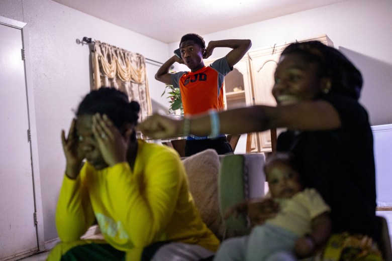 Moises Badera, at center, reacts to Colombia scoring against DR Congo, Tuesday, June 23, 2026, in Houston. (Antranik Tavitian for The Texas Tribune)