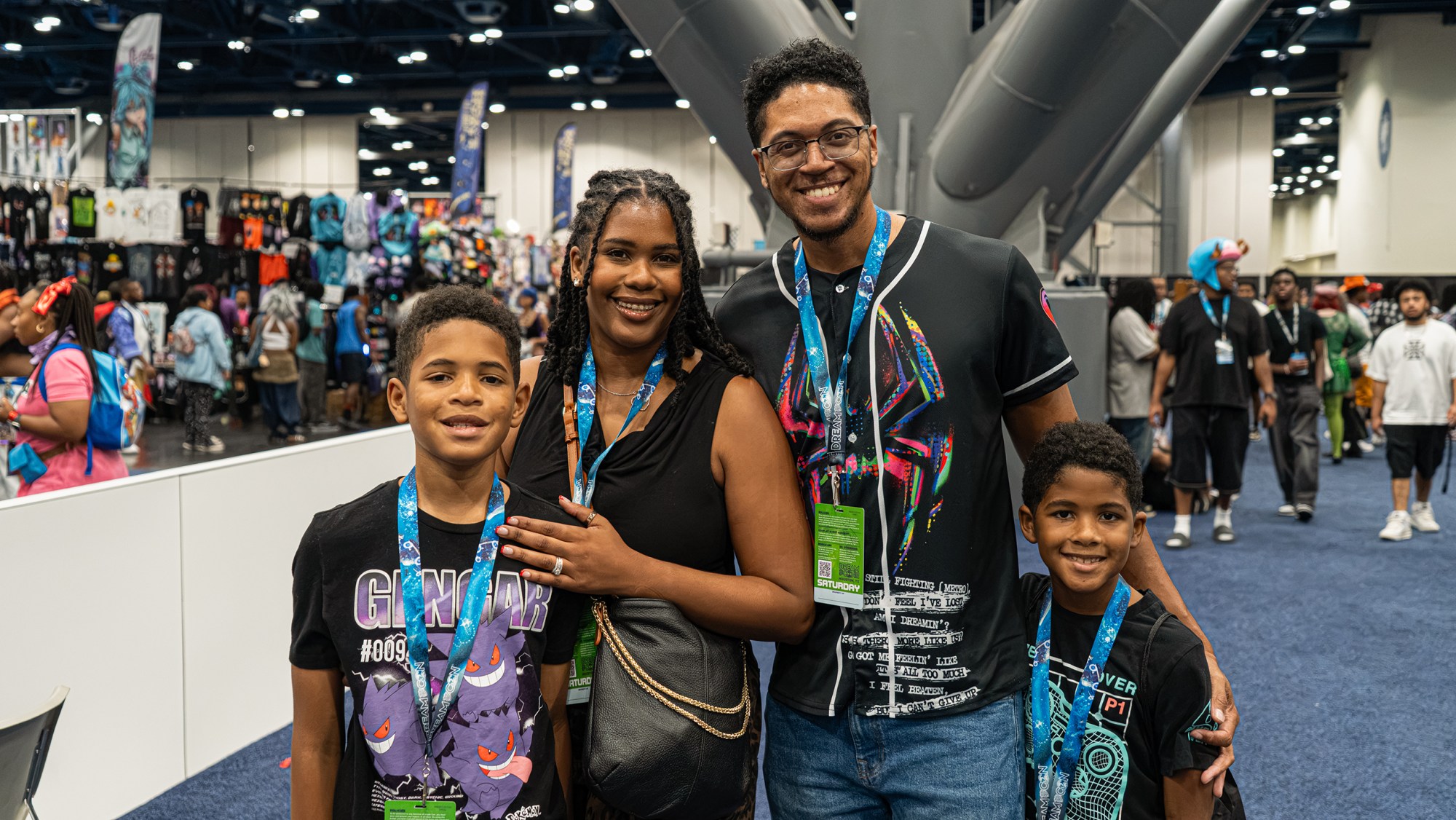 The Thibodeaux family from Houston attended Dream Con 2026 In regards to the three day event, the parents stated “ I love it ! We need more safe spaces” and “I love this for our boys !” . Saturday, July 11, 2026, in Houston. (Douglas Sweet Jr / The Texas Tribune)