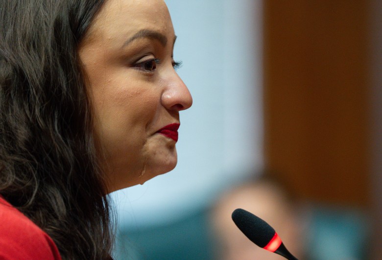 Tears stream down Jeana Magallon’s cheeks as she speaks during a Houston City Council meeting on Tuesday, July 14, 2026, in Houston.