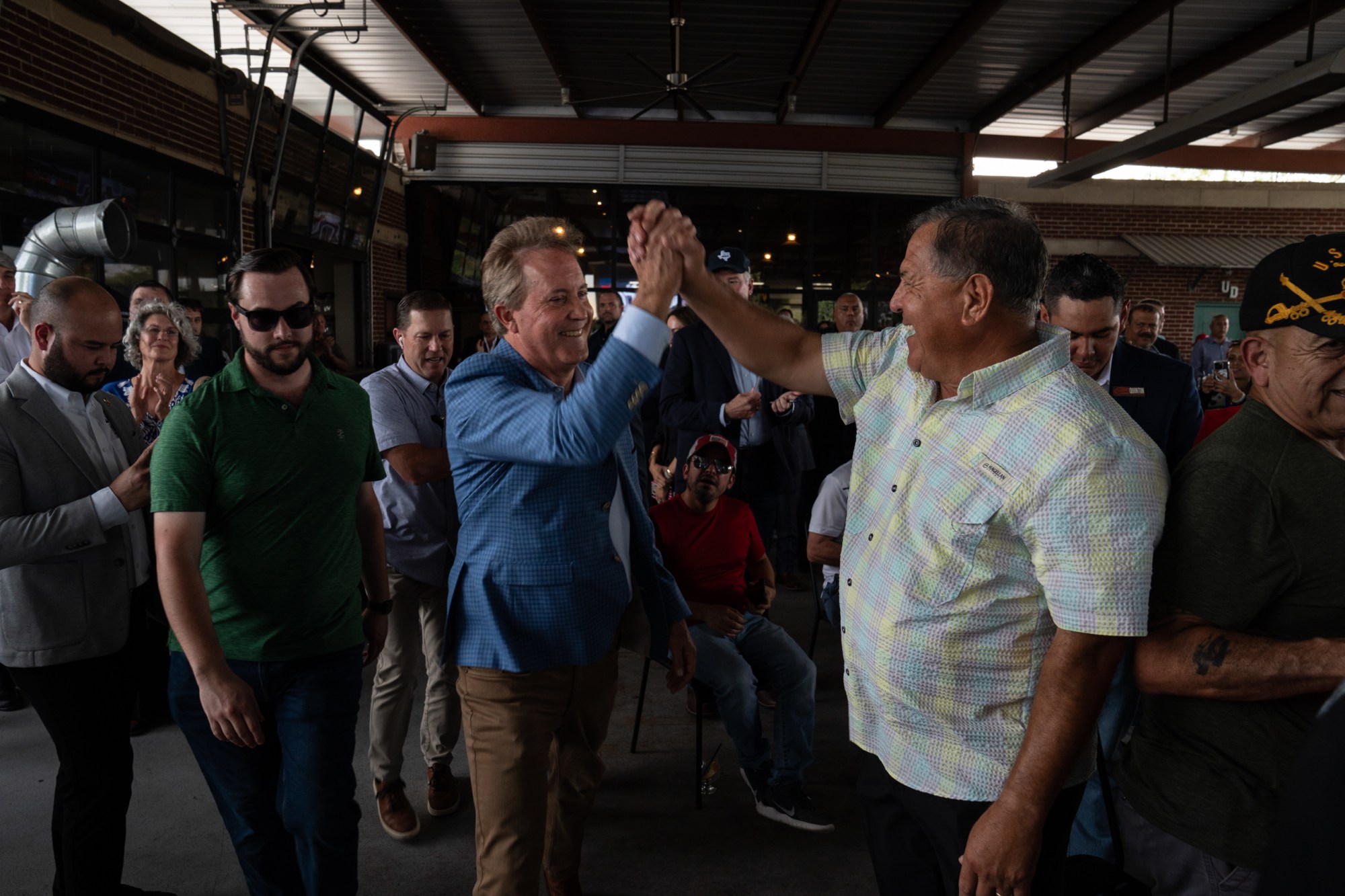 General Attorney Ken Paxton, who is running for U.S. senate, is greeted during his rally in McAllen on July 14, 2026. Gabriel V. Cárdenas for The Texas Tribune