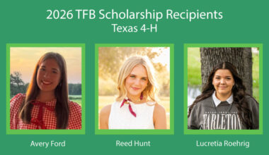 Texas 4-H names 2026 TFB scholarship recipients Avery Ford, Reed Hunt and Lucretia Roehrig are the 2026 recipients of scholarships funded by Texas Farm Bureau through the Texas 4-H Foundation.