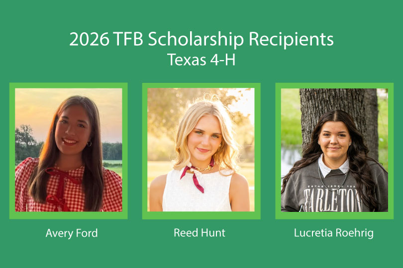 Texas 4-H names 2026 TFB scholarship recipients Avery Ford, Reed Hunt and Lucretia Roehrig are the 2026 recipients of scholarships funded by Texas Farm Bureau through the Texas 4-H Foundation.