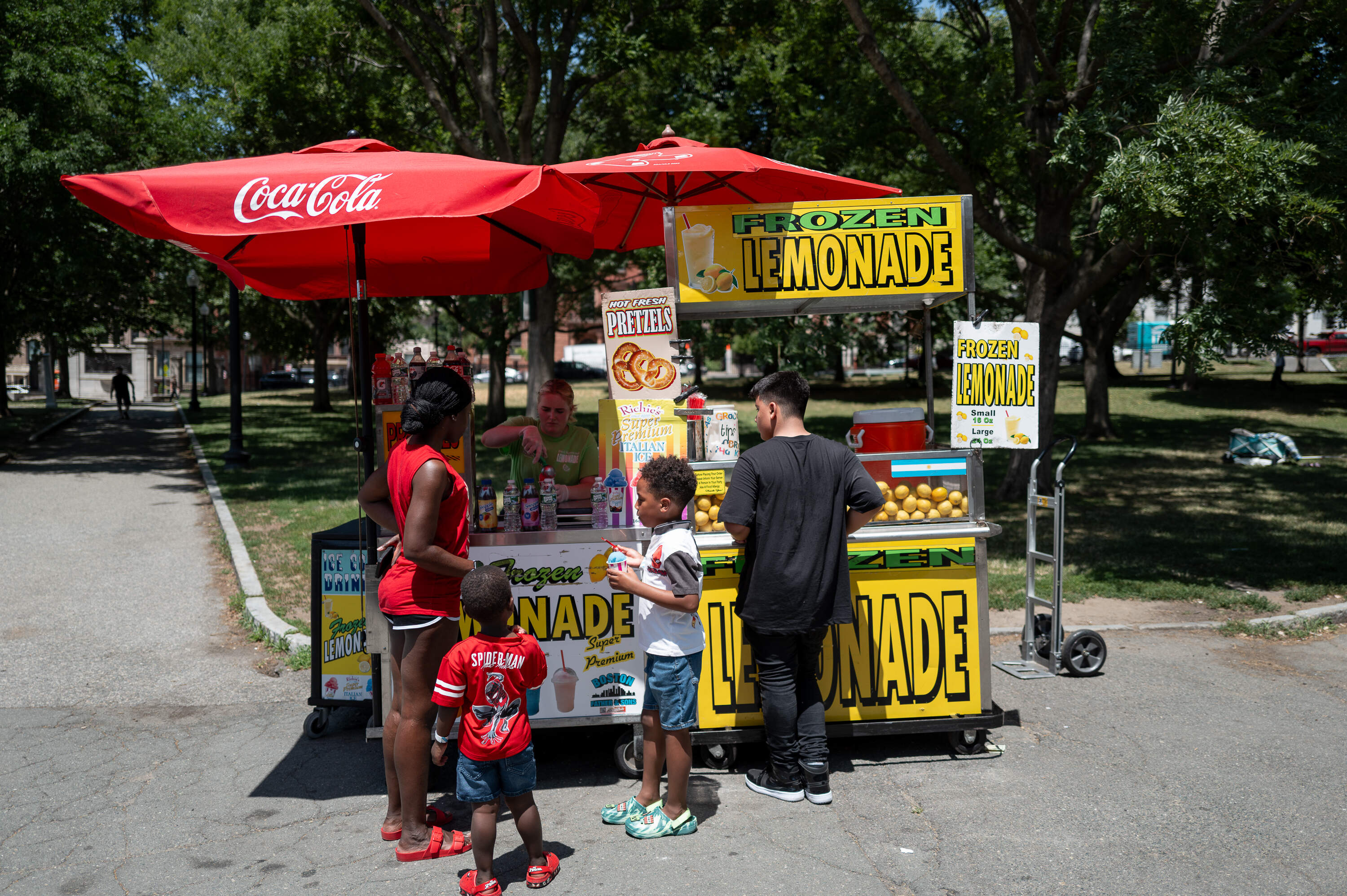 Customers wait in line for lemonade and Italian ice at a stand in Boston Common. (Artemisia Luk/WBUR)
