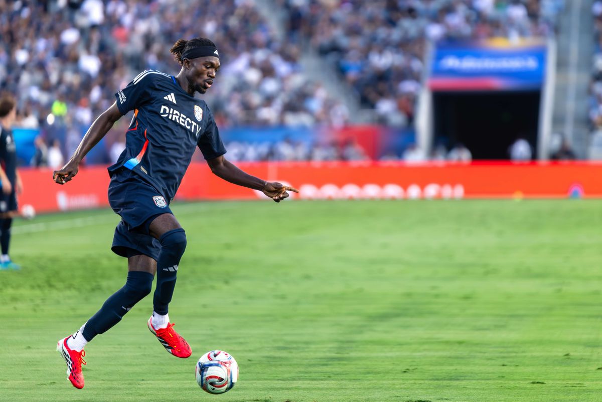 San Diego FC defender Manu Duah (26) controls the ball during an MLS soccer game against FC Dallas, Saturday, July 25, 2026 in San Diego, California.