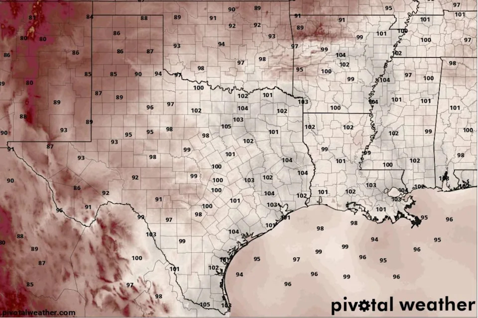 Heat index values, or humidity-driven "feels like" temperatures, will be in the triple digits in Central Texas as early as 1 p.m. Sunday, according to the National Blend of Models, a composite weather forecast model. (National Blend of Models/Pivotal Weather)