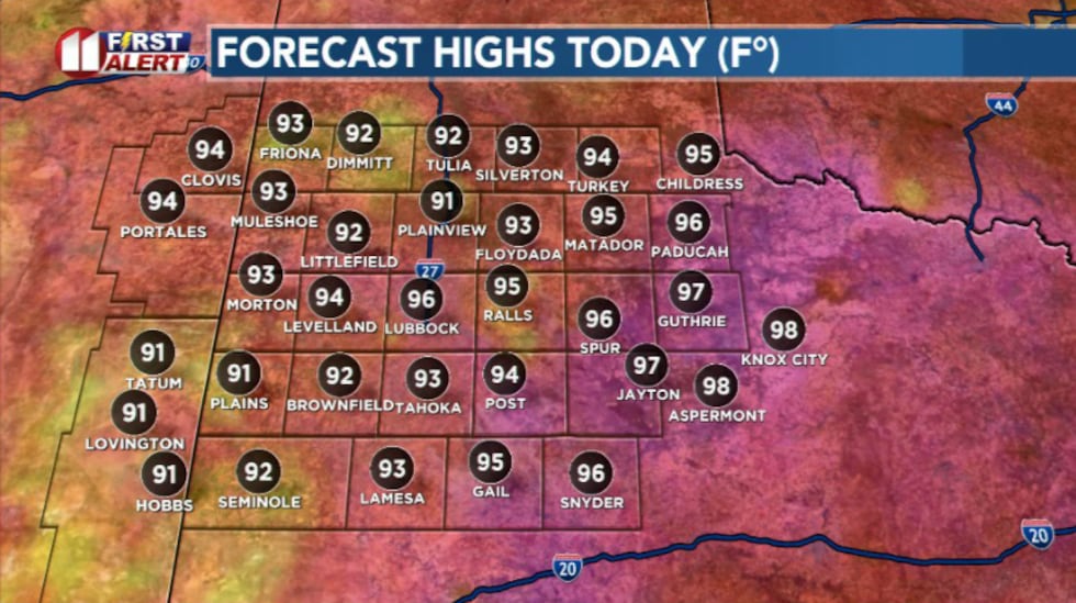 Forecasted highs today will be in the mid 90s