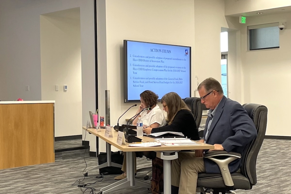 Hays CISD Chief Financial Officer Deborah Ottmers discusses the fiscal year 2026-27 budget at a June 29 meeting. (Sienna Wight/Community Impact)