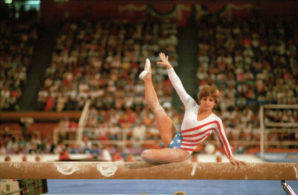 Mary Lou Retton in action on balance beam during Women's All-Around Team competition at Pauley Pavilion during the 1984 Summer Olympics. (Jerry Cooke/Sports Illustrated via Getty Ima)