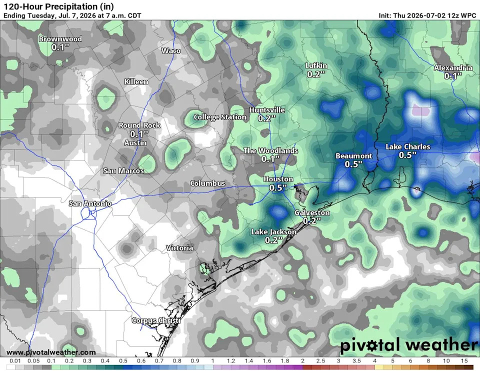 Spotty showers are possible next week with heavy downpours but they will be very isolated. (Pivotal)