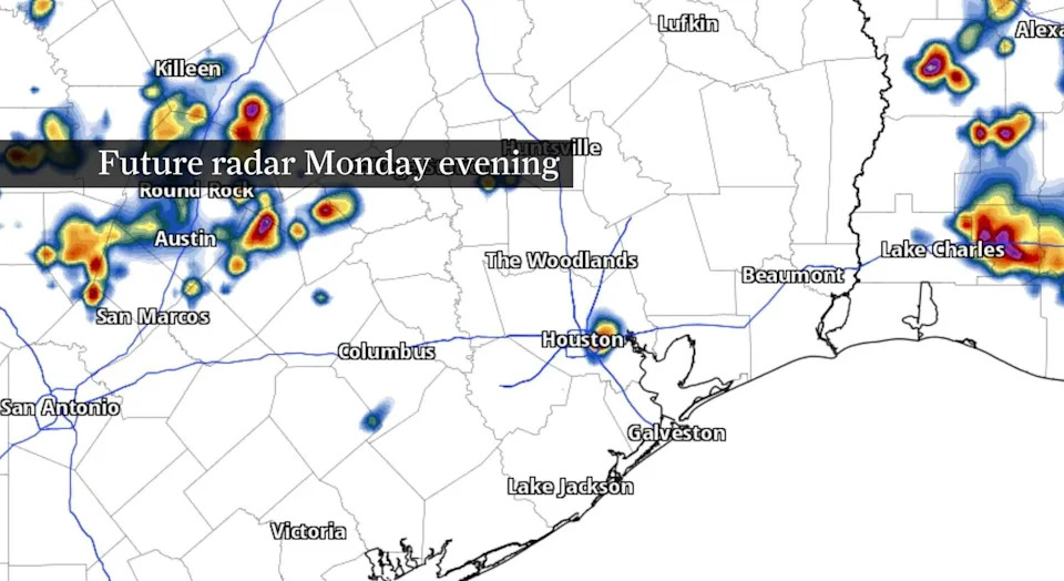 A few isolated storms may develop Monday evening across Southeast Texas, as shown by this future radar snapshot. (Pivotal Weather)
