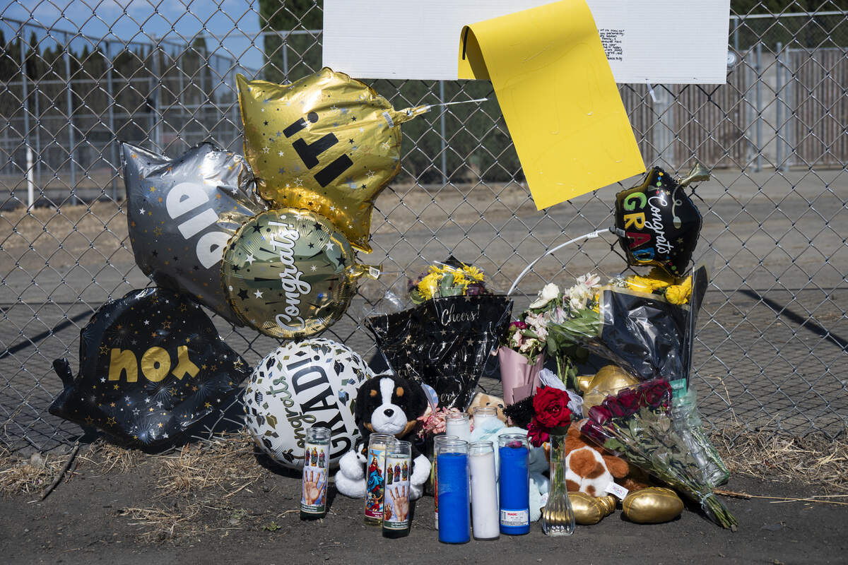 A memorial for the 18-year-old killed in the Sem Yeto High School graduation shooting at a Fairfield High School parking lot on Wednesday, June 3, 2026, sits outside of the school’s sports complex in Fairfield on Friday, June 5, 2026.