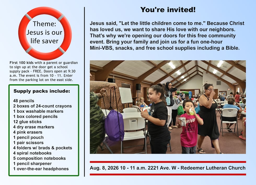 Redeemer Lutheran Church will host a free Mini-VBS and school supply giveaway on Saturday,...