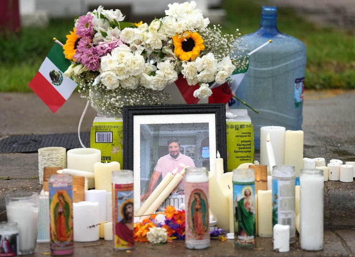 A memorial is seen for Lorenzo Salgado Araujo, who was fatally shot by a federal agent in Houston on July 7.