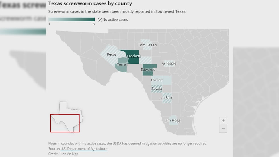 Texas screwworm cases by county, according to the U.S. Department of Agriculture.