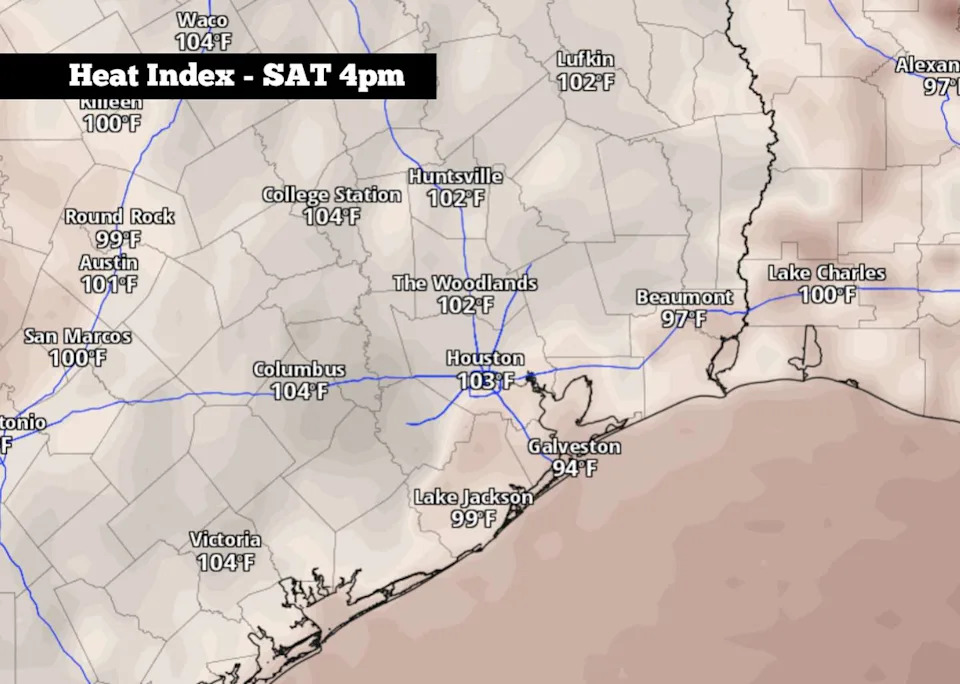 Shown are the expected heat index values, or humidity-driven "feels like" temperatures, across Southeast Texas at 4 p.m. Saturday, according to the ECMWF weather model. (Pivotal Weather)