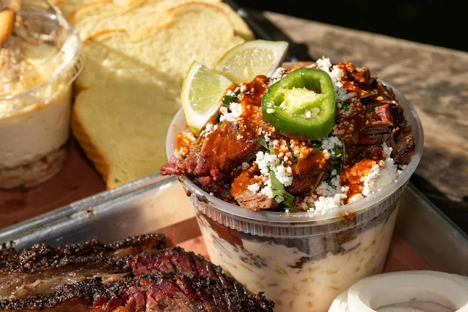 The brisket eloté cup at Panther City BBQ in Fort Worth. Panther City BBQ offers kids eat free deals during weeknights.