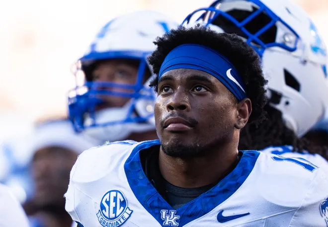 Nov 23, 2024; Austin, Texas, USA; Kentucky Wildcats defensive back Zion Childress (11) looks on during the review of a Texas Longhorns touchdown in the second quarter at Darrell K Royal Texas Memorial Stadium. Mandatory Credit: Sara Diggins/USA TODAY Network via Imagn Images