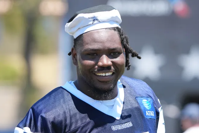 Jul 26, 2025; Oxnard, CA, USA; Dallas Cowboys defensive end Tyrus Wheat (91) at training camp at the River Ridge Fields. Mandatory Credit: Kirby Lee-Imagn Images